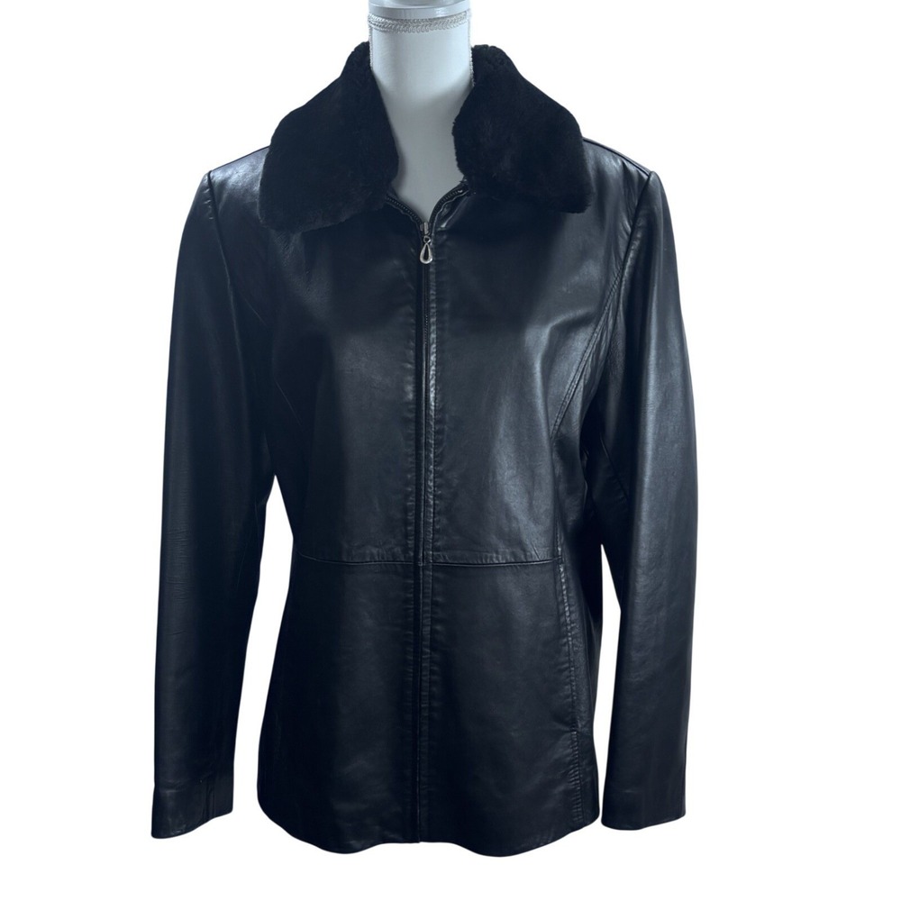 Vintage Leather Jacket Black Zip Removeable Fur‎ Collar Chic Edgy Classic XL